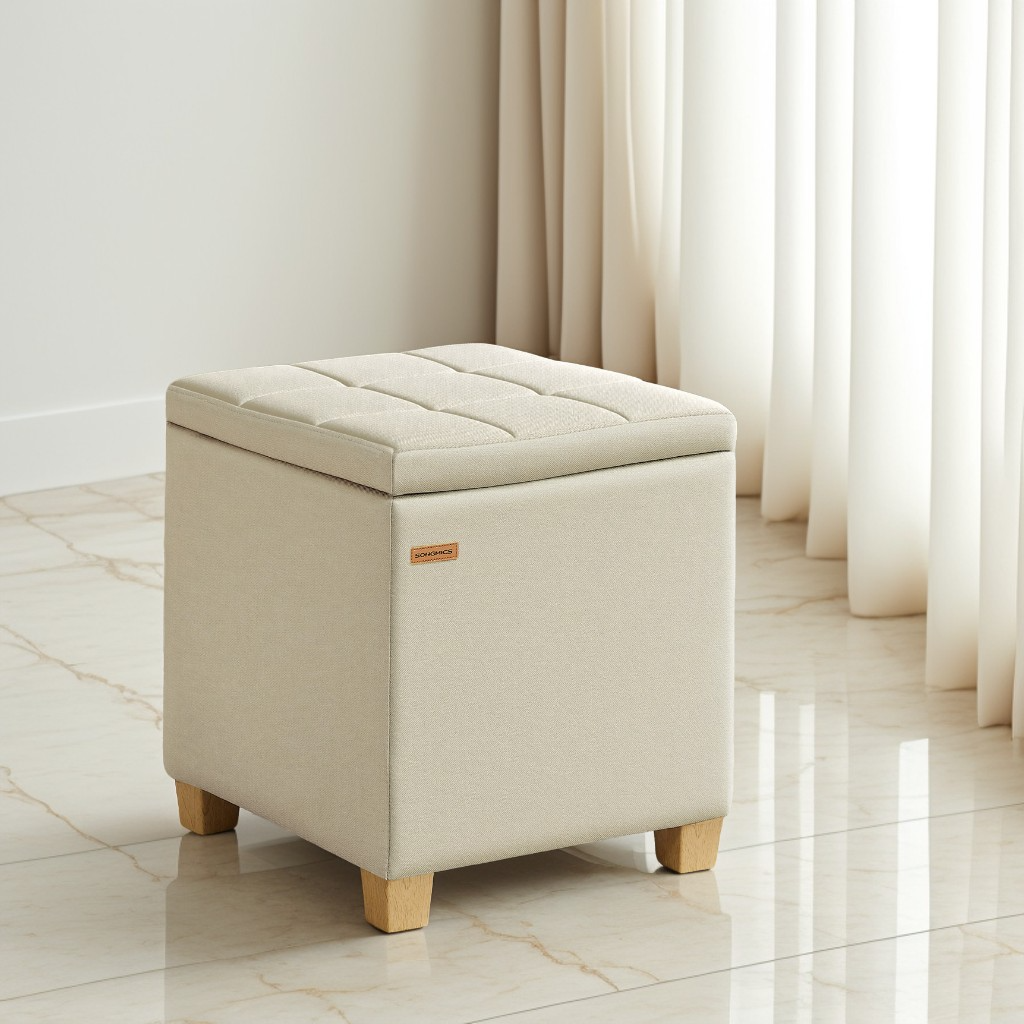Square Storage Ottoman with Hinged Lid, 14-Gallon Footrest Stool with Solid Wood Frame, for Living Room, Bedroom, 16.9 x 18.1 x 16.9 Inches, Summer Sand