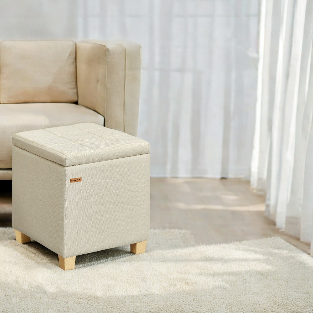 Square Storage Ottoman with Hinged Lid, 14-Gallon Footrest Stool with Solid Wood Frame, for Living Room, Bedroom, 16.9 x 18.1 x 16.9 Inches, Summer Sand