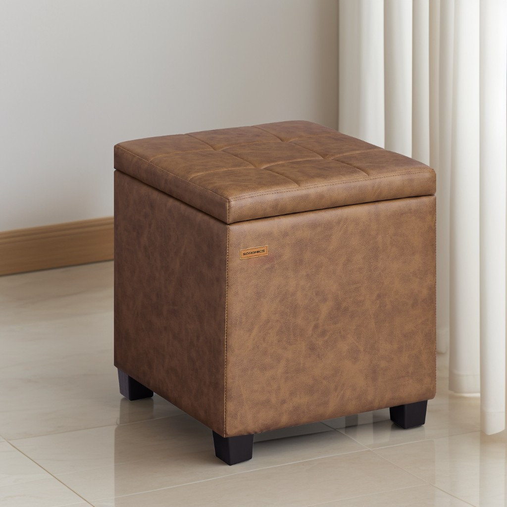 Square Storage Ottoman with Hinged Lid, 14-Gallon Footrest Stool with Solid Wood Frame, Synthetic Leather, for Living Room, Bedroom, 16.9 x 18.1 x 16.9 Inches, Coffee Brown