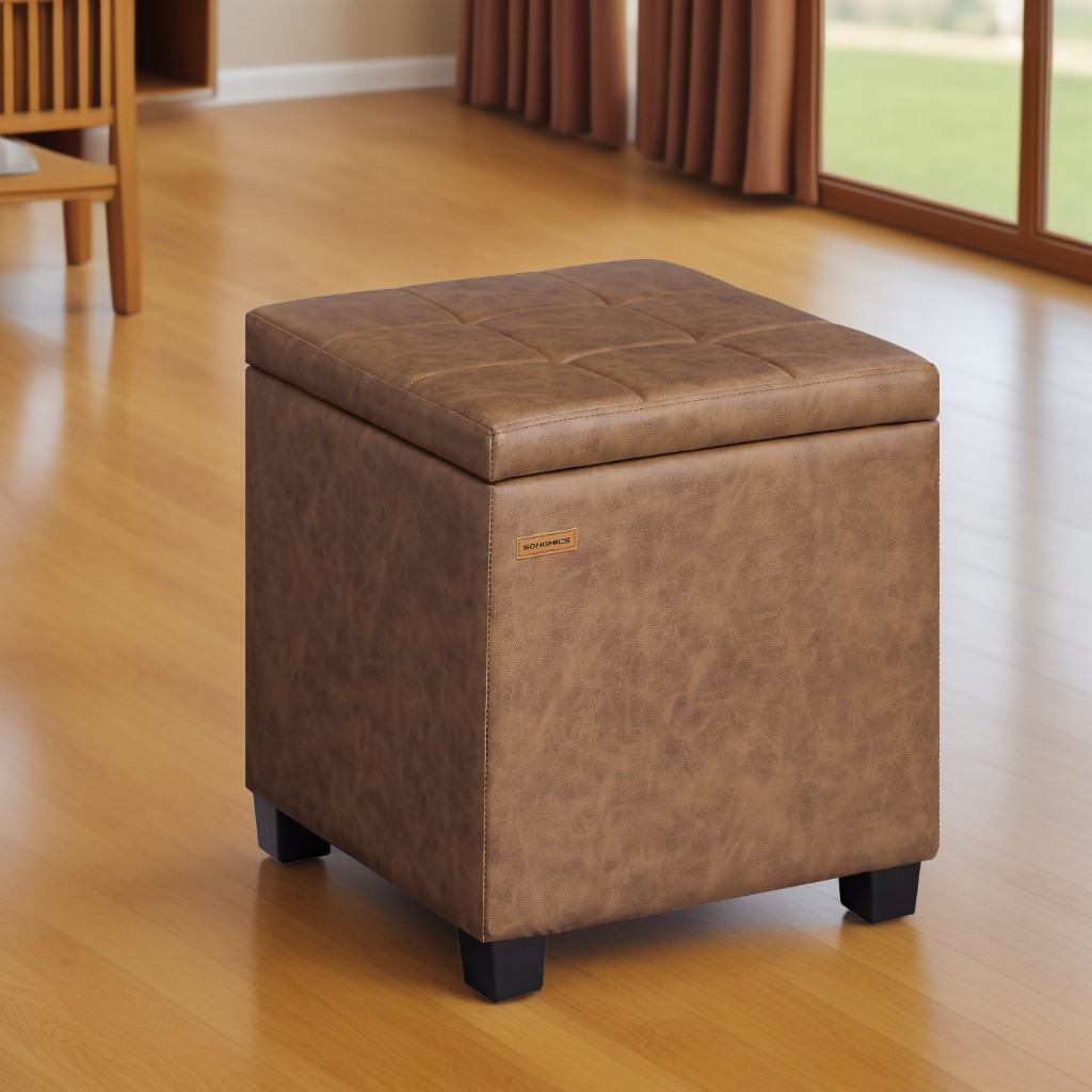 Square Storage Ottoman with Hinged Lid, 14-Gallon Footrest Stool with Solid Wood Frame, Synthetic Leather, for Living Room, Bedroom, 16.9 x 18.1 x 16.9 Inches, Coffee Brown