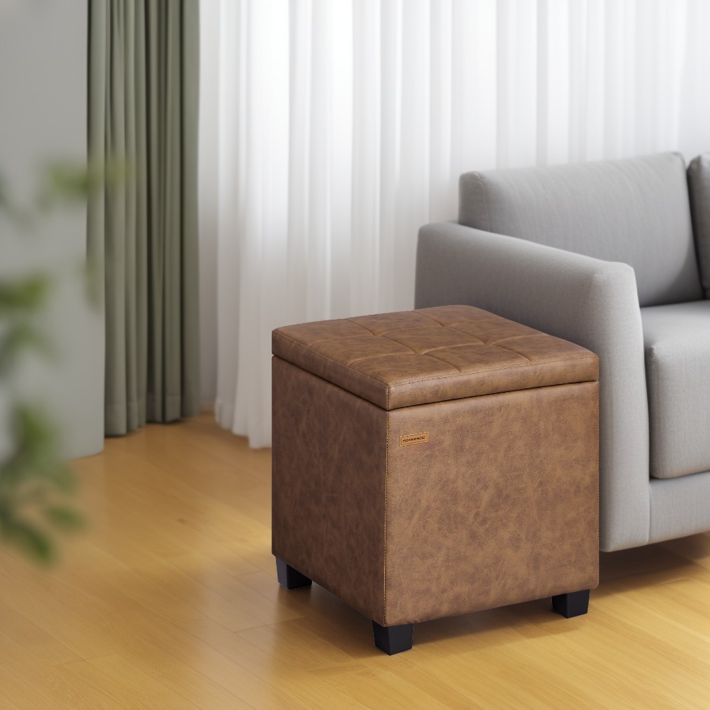 Square Storage Ottoman with Hinged Lid, 14-Gallon Footrest Stool with Solid Wood Frame, Synthetic Leather, for Living Room, Bedroom, 16.9 x 18.1 x 16.9 Inches, Coffee Brown