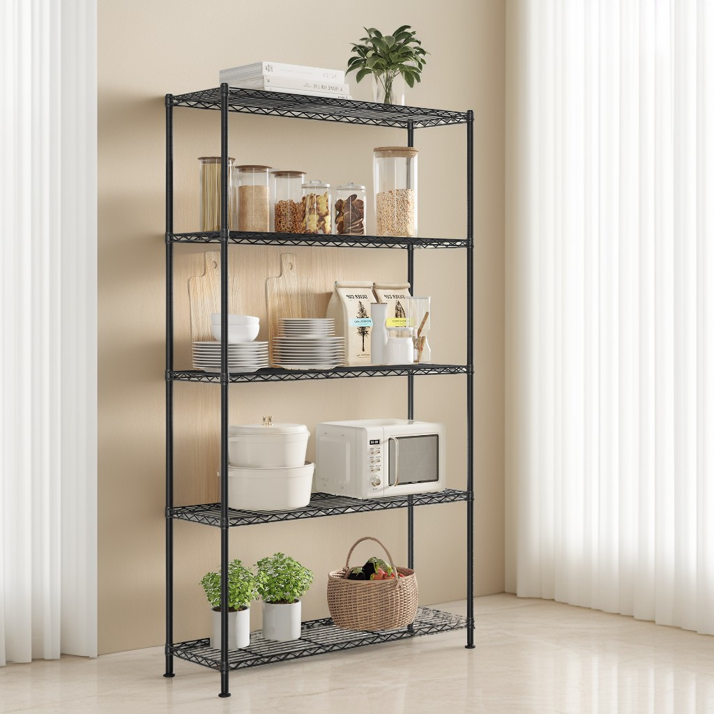 5-Tier Metal Wire Shelving Unit, Adjustable Storage Shelf with Steel Frame, for Garage, Kitchen, Pantry, 35.4 x 63 x 11.8 Inches, Ink Black