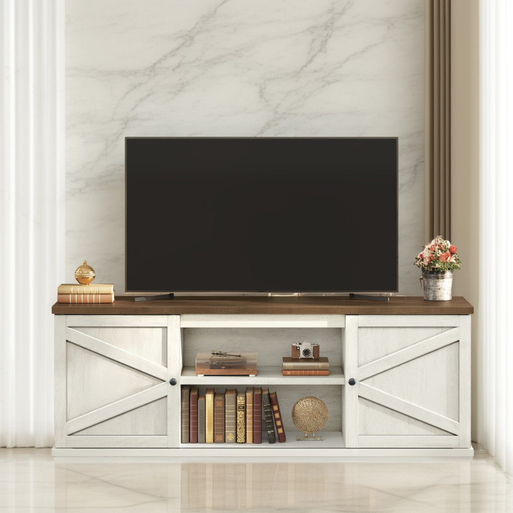 Farmhouse TV Stand for 80-Inch TVs, Entertainment Center with Sliding Barn Doors and 4 Storage Compartments, Rustic White and Brown