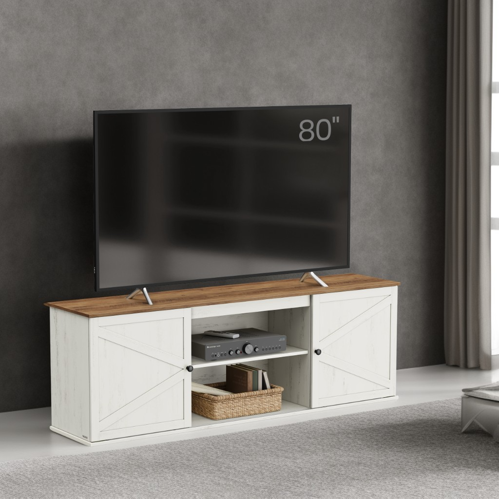 Farmhouse TV Stand for 80-Inch TVs, Entertainment Center with Sliding Barn Doors and 4 Storage Compartments, Rustic White and Brown