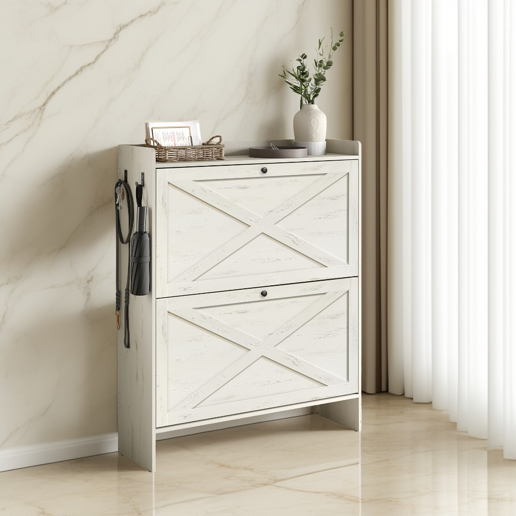Farmhouse Shoe Storage Cabinet with 2 Flip Drawers, Freestanding Narrow Shoe Rack for Entryway, Fits 14-16 Pairs, Rustic White