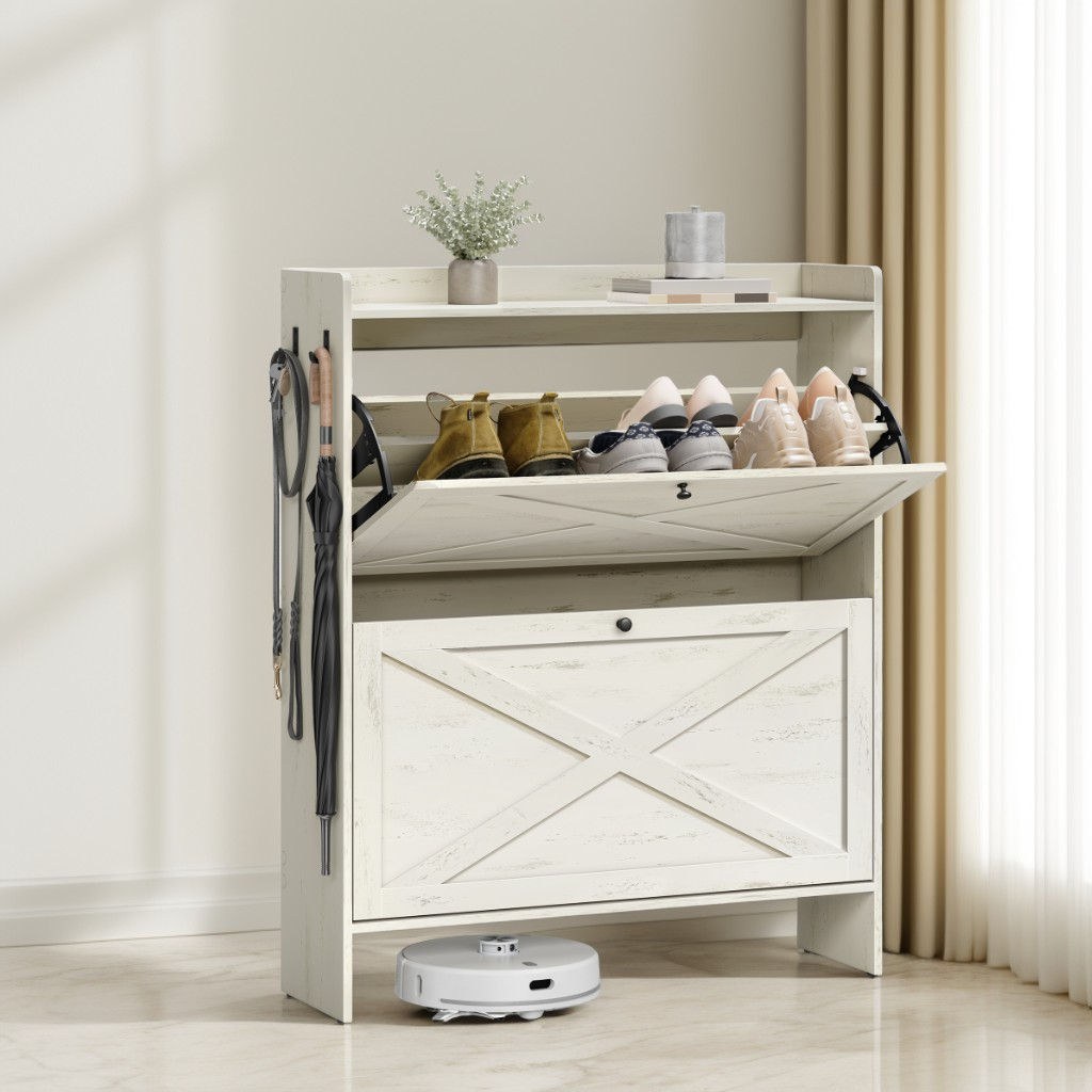 Farmhouse Shoe Storage Cabinet with 2 Flip Drawers, Freestanding Narrow Shoe Rack for Entryway, Fits 14-16 Pairs, Rustic White
