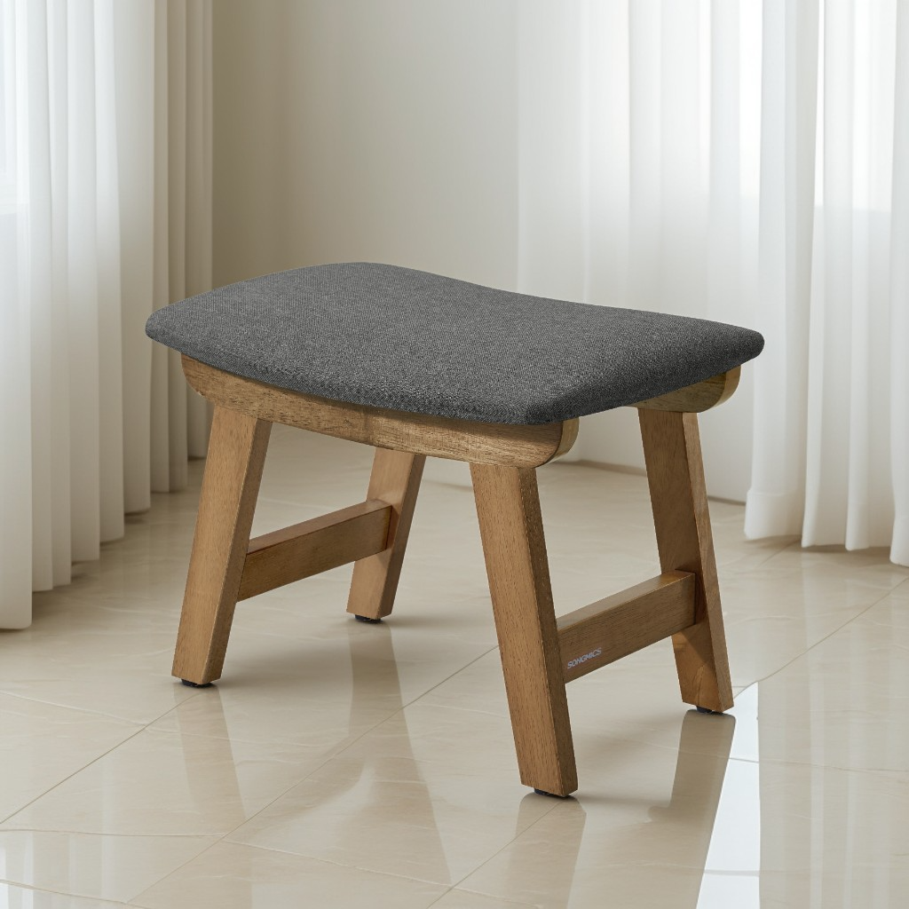 Padded Foot Stool Ottoman with Solid Wood Frame, Curved Cushion Footrest for Under Desk, Living Room, 15.4 x 11.8 x 9.10 Inches, Slate Gray and Brown