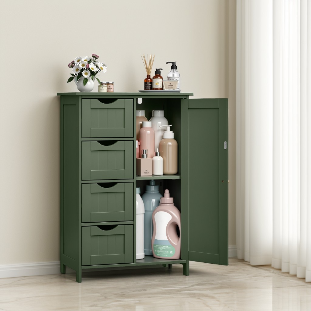 Freestanding Storage Cabinet with Drawers & Door, Adjustable Shelf Floor Cabinet for Bathroom, Living Room, Kitchen, 21.7 x 32.3 x 11.8 Inches, Forest Green