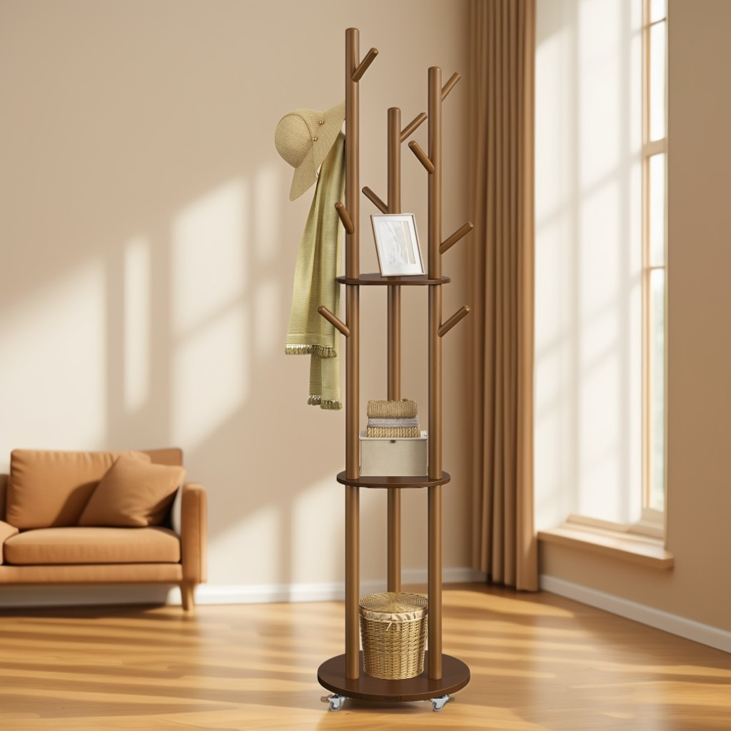 Freestanding Coat Rack Stand with 11 Hooks & 3 Shelves, Wooden Coat Tree with Removable 361° Swivel Wheels, for Entryway, Bedroom, Walnut Brown