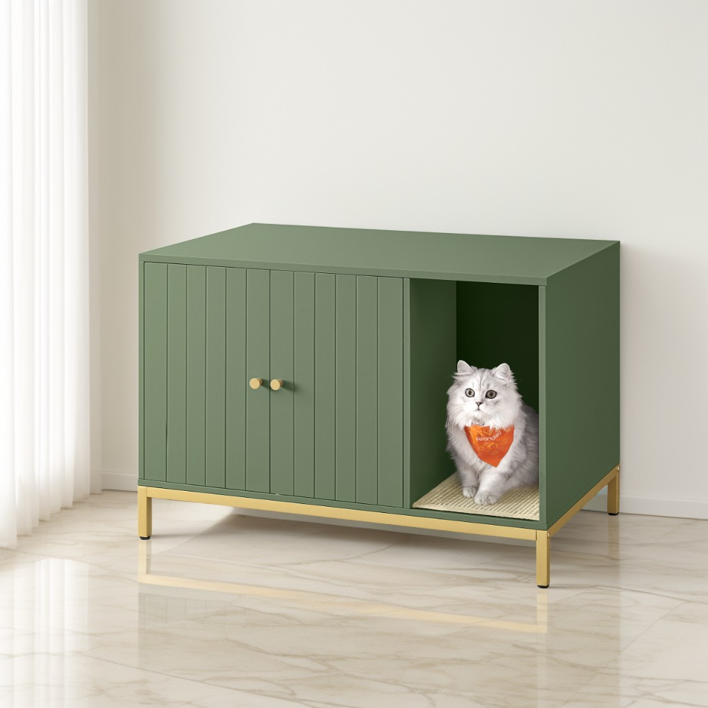 Cat Litter Box Enclosure with Scratch Pad, Hidden Litter Box Furniture with Double Cabinet Doors, Side End Table, Forest Green and Gold