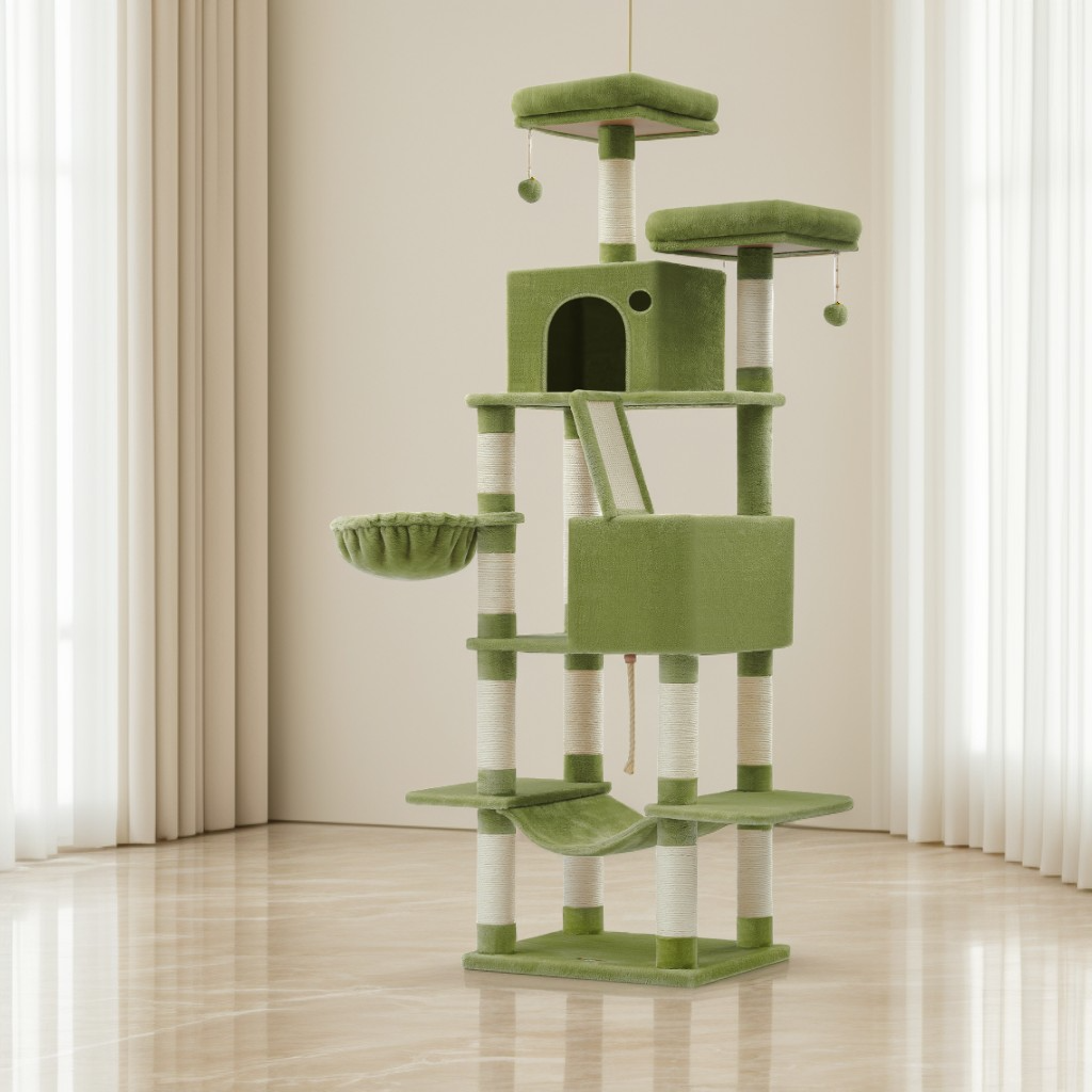 81.1-Inch Large Cat Tree Tower, Multi-Level Cat Condo with 13 Scratching Posts, 2 Perches, 2 Caves, Hammock & Basket, Green