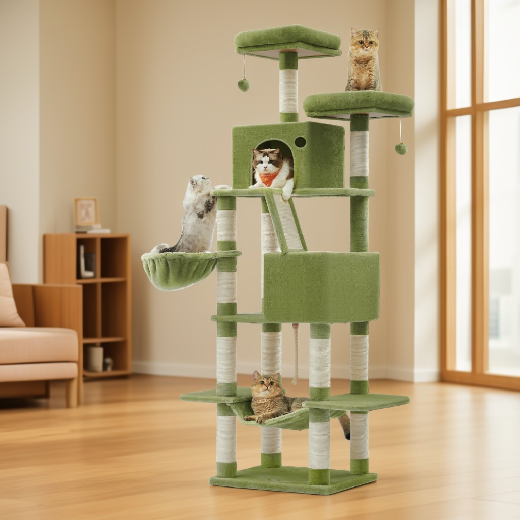 81.1-Inch Large Cat Tree Tower, Multi-Level Cat Condo with 13 Scratching Posts, 2 Perches, 2 Caves, Hammock & Basket, Green