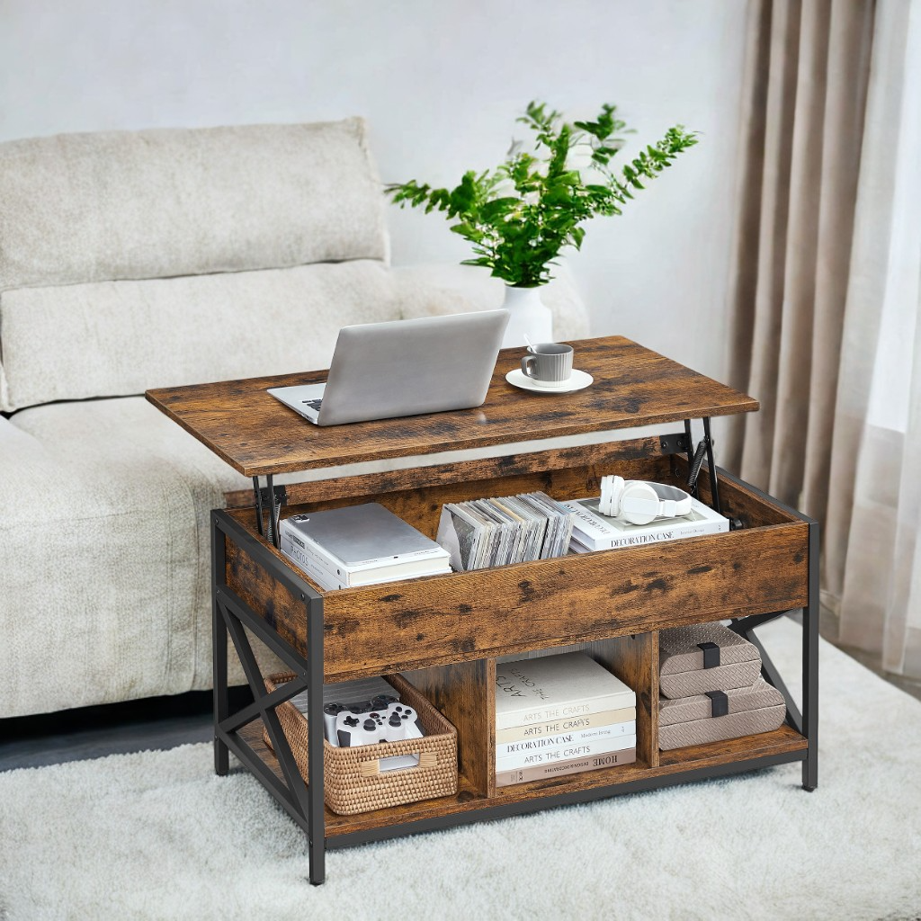 Lift Top Coffee Table with Storage Shelf, 39.4 Inch Industrial Lift Table with Hidden Compartment, Rustic Brown and Black