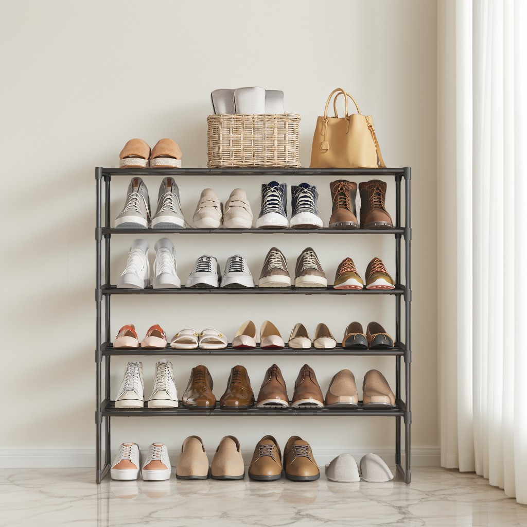 Shoe Rack, 5-Tier Metal Shoe Organizer for Entryway, Stands Upright or Upside Down, Holds 20-25 Pairs, Stackable & Tool-Free Assembly, Black