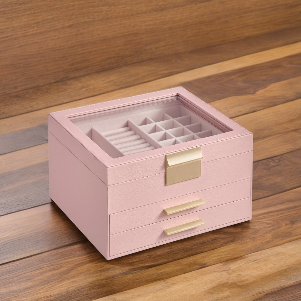 Jewelry Box Organizer, 3-Layer Jewelry Storage with 2 Drawers & Glass Lid, Modern Vanity Display Case for Rings Necklaces, Jelly Pink and Gold