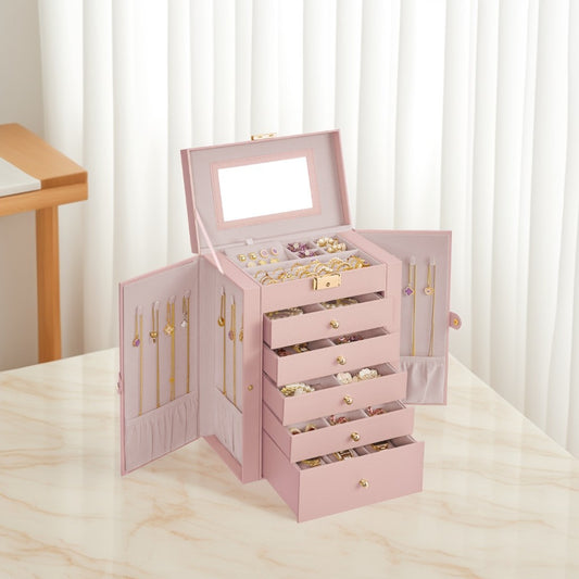 Jewelry Box Organizer, 6-Layer Jewelry Storage Case with 5 Drawers, Lock & Mirror, Large Capacity for Necklaces Watches, Jelly Pink