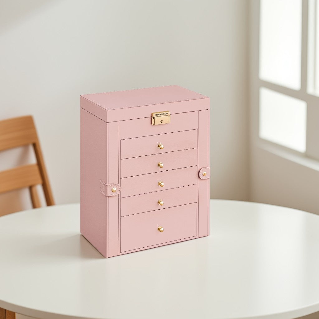 Jewelry Box Organizer, 6-Layer Jewelry Storage Case with 5 Drawers, Lock & Mirror, Large Capacity for Necklaces Watches, Jelly Pink