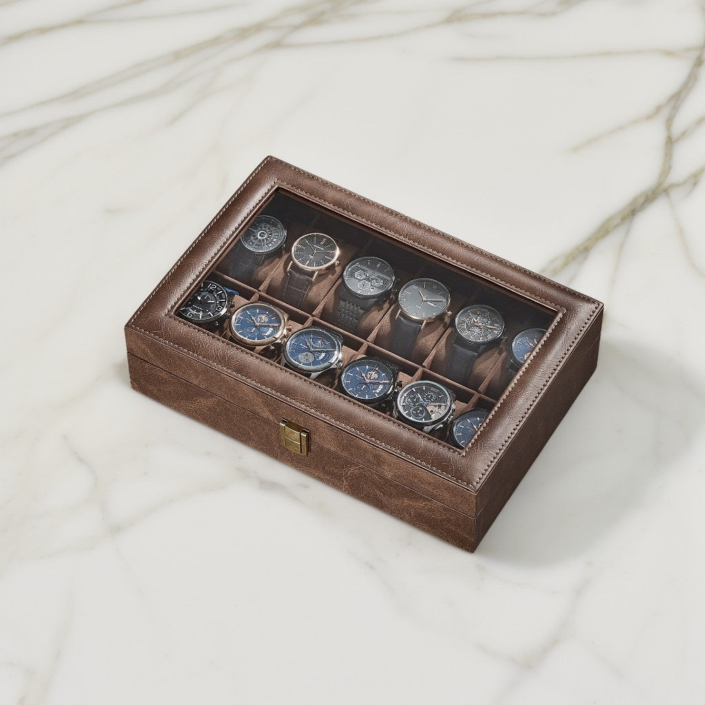 Watch Box, 12-Slot Watch Case Organizer with Large Glass Lid & Removable Pillows, Synthetic Leather Display Storage for Watches, Coffee Brown