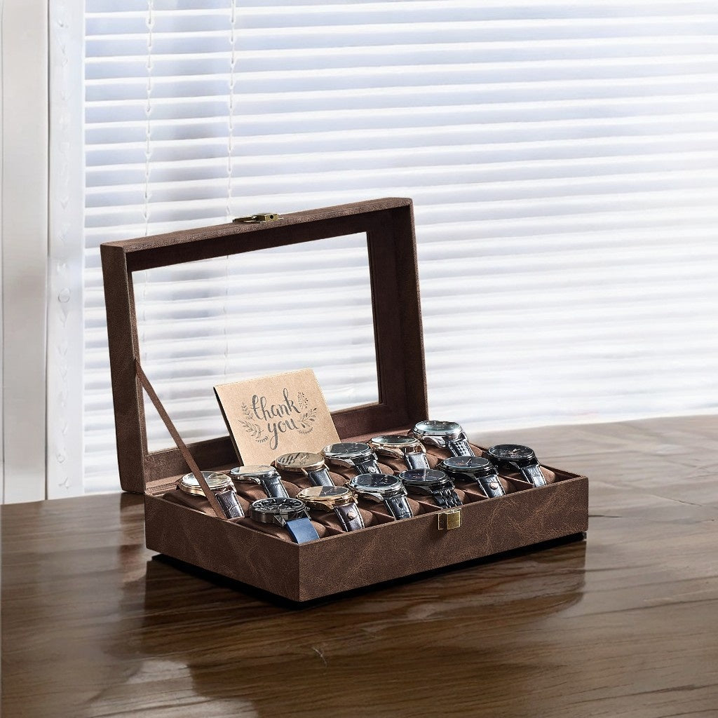 Watch Box, 12-Slot Watch Case Organizer with Large Glass Lid & Removable Pillows, Synthetic Leather Display Storage for Watches, Coffee Brown