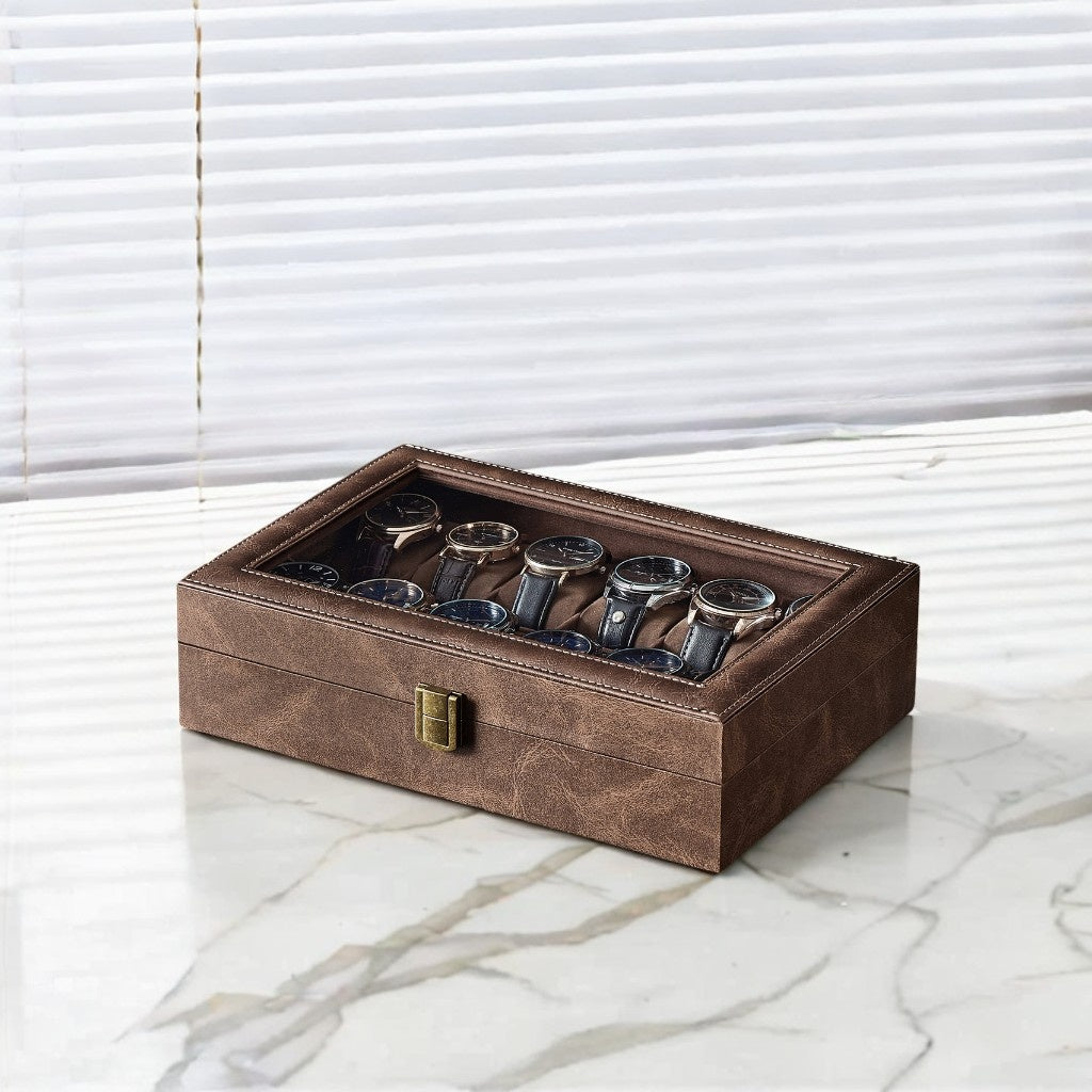 Watch Box, 12-Slot Watch Case Organizer with Large Glass Lid & Removable Pillows, Synthetic Leather Display Storage for Watches, Coffee Brown