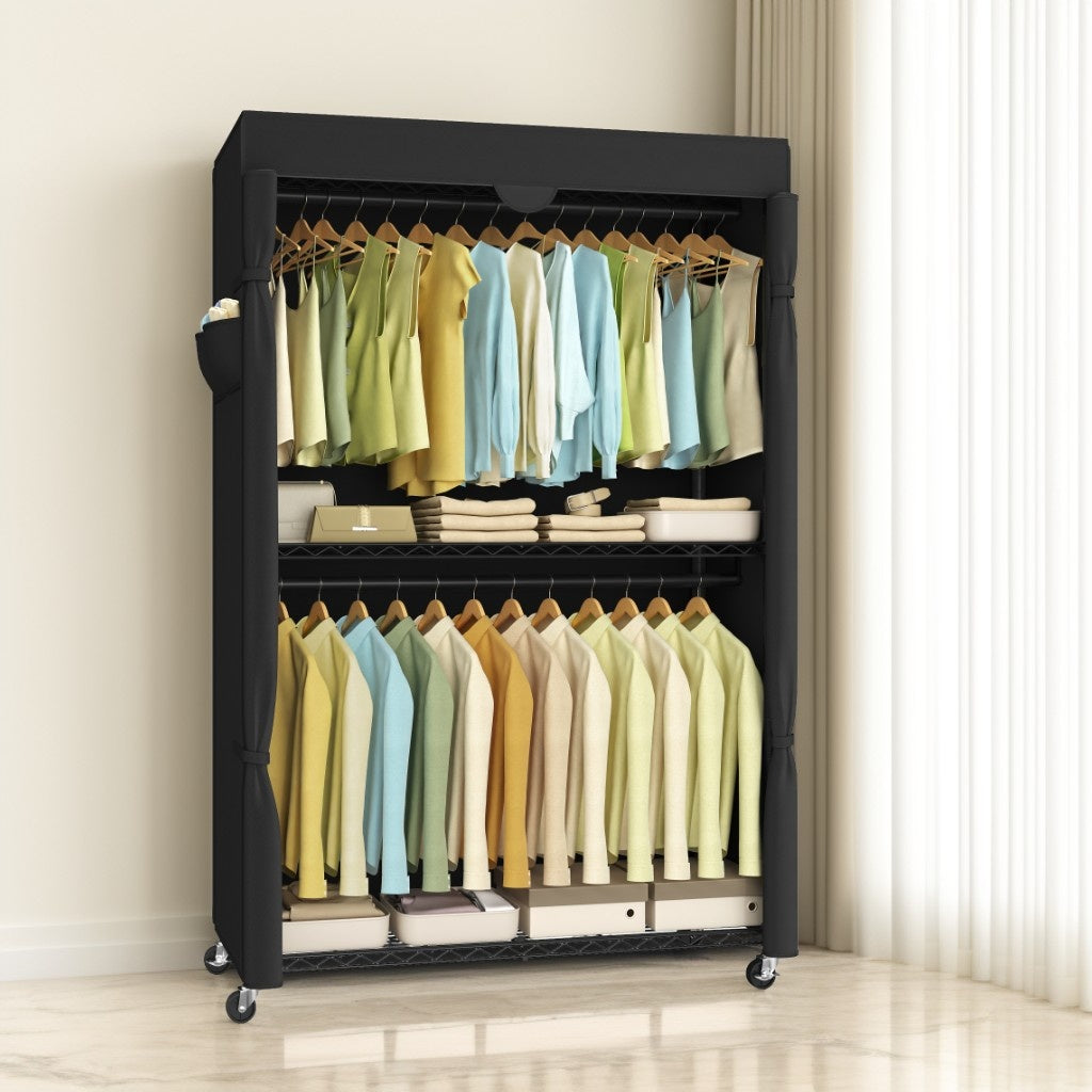 Heavy-Duty Rolling Clothes Rack, Portable Garment Rack on Wheels with Adjustable Mesh Shelves & Hanging Rails, Fabric Cover Included, Ink Black