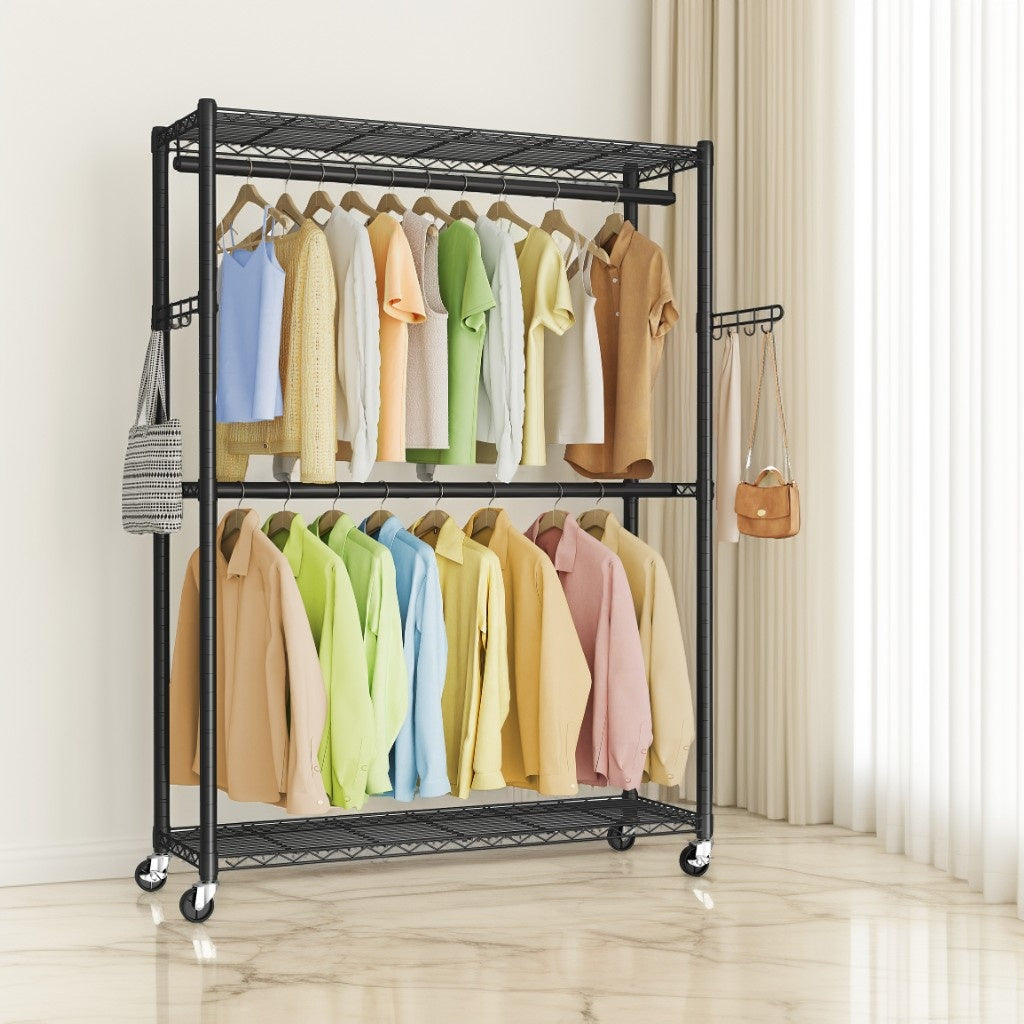 Heavy-Duty Rolling Clothes Rack, Wide Garment Rack on Wheels with Adjustable Mesh Shelves & Hanging Rails, Tool-Free Portable Closet, Ink Black