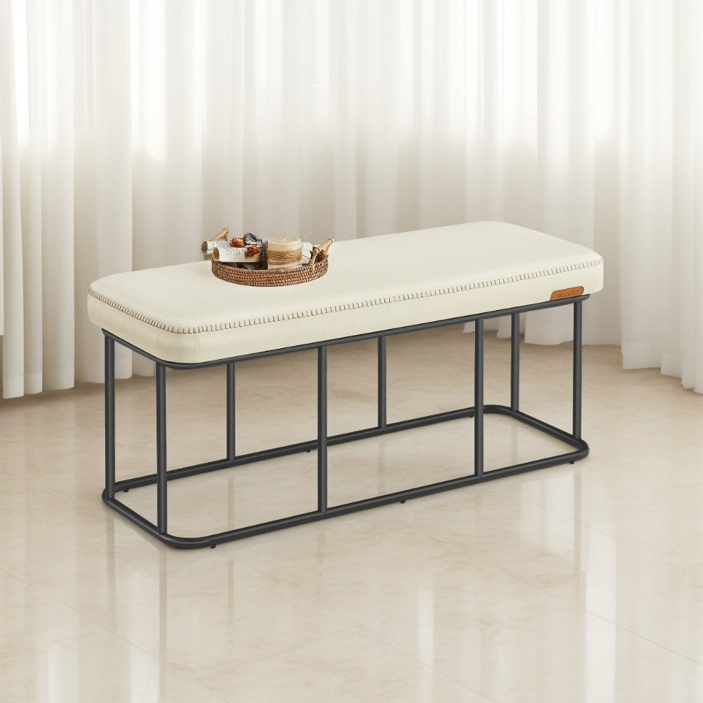 Storage Bench for Entryway, Ottoman Bench with Steel Frame & Synthetic Leather, Mid-Century Modern 43.3-Inch Wide Seat, Cream White