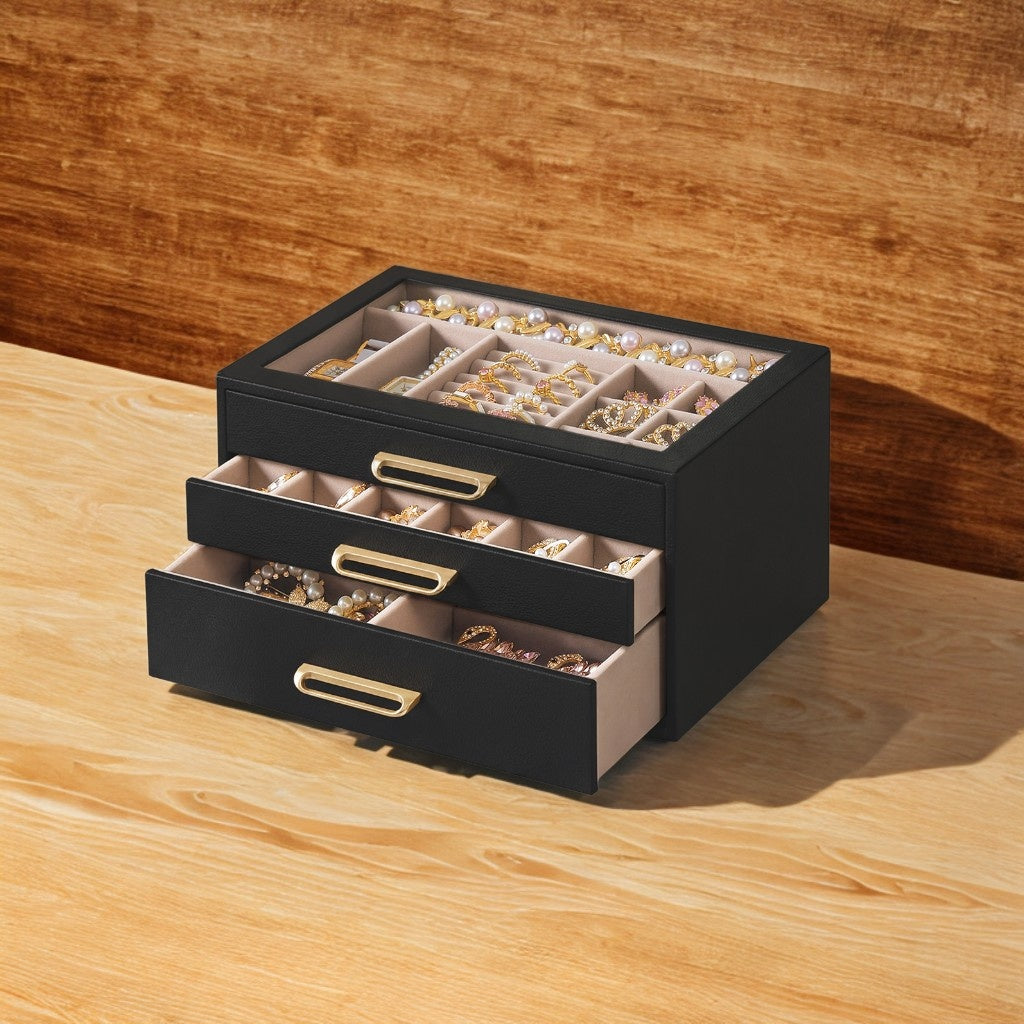 3-Layer Jewelry Box with Glass Window, 3-Drawer Jewelry Organizer for Rings, Earrings, Bracelets, Black and Gold, 6.3 x 9.4 x 4.9 Inches