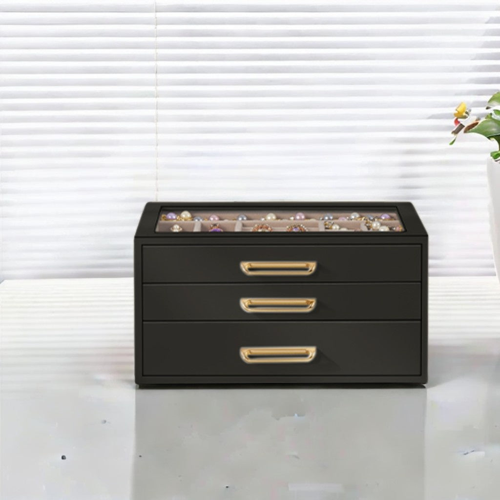 3-Layer Jewelry Box with Glass Window, 3-Drawer Jewelry Organizer for Rings, Earrings, Bracelets, Black and Gold, 6.3 x 9.4 x 4.9 Inches