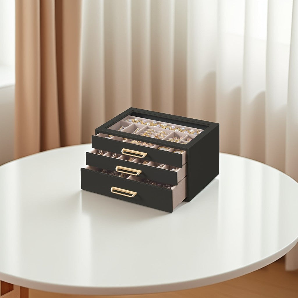 3-Layer Jewelry Box with Glass Window, 3-Drawer Jewelry Organizer for Rings, Earrings, Bracelets, Black and Gold, 6.3 x 9.4 x 4.9 Inches