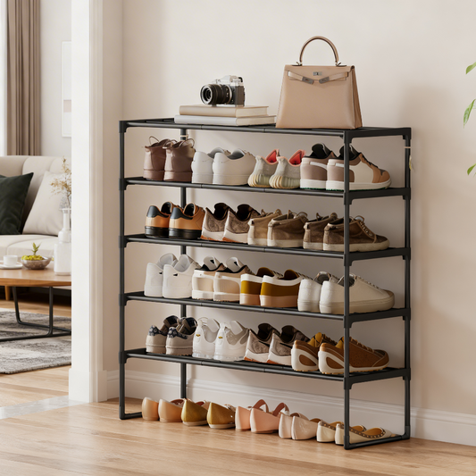 Shoe Rack, 5-Tier Metal Shoe Organizer for Entryway, Stands Upright or Upside Down, Holds 20-25 Pairs, Stackable & Tool-Free Assembly, Black