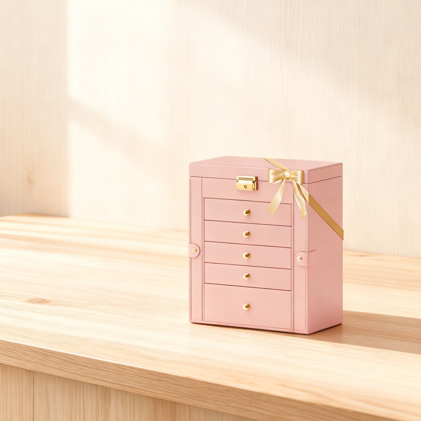 Jewelry Box Organizer, 6-Layer Jewelry Storage Case with 5 Drawers, Lock & Mirror, Large Capacity for Necklaces Watches, Jelly Pink