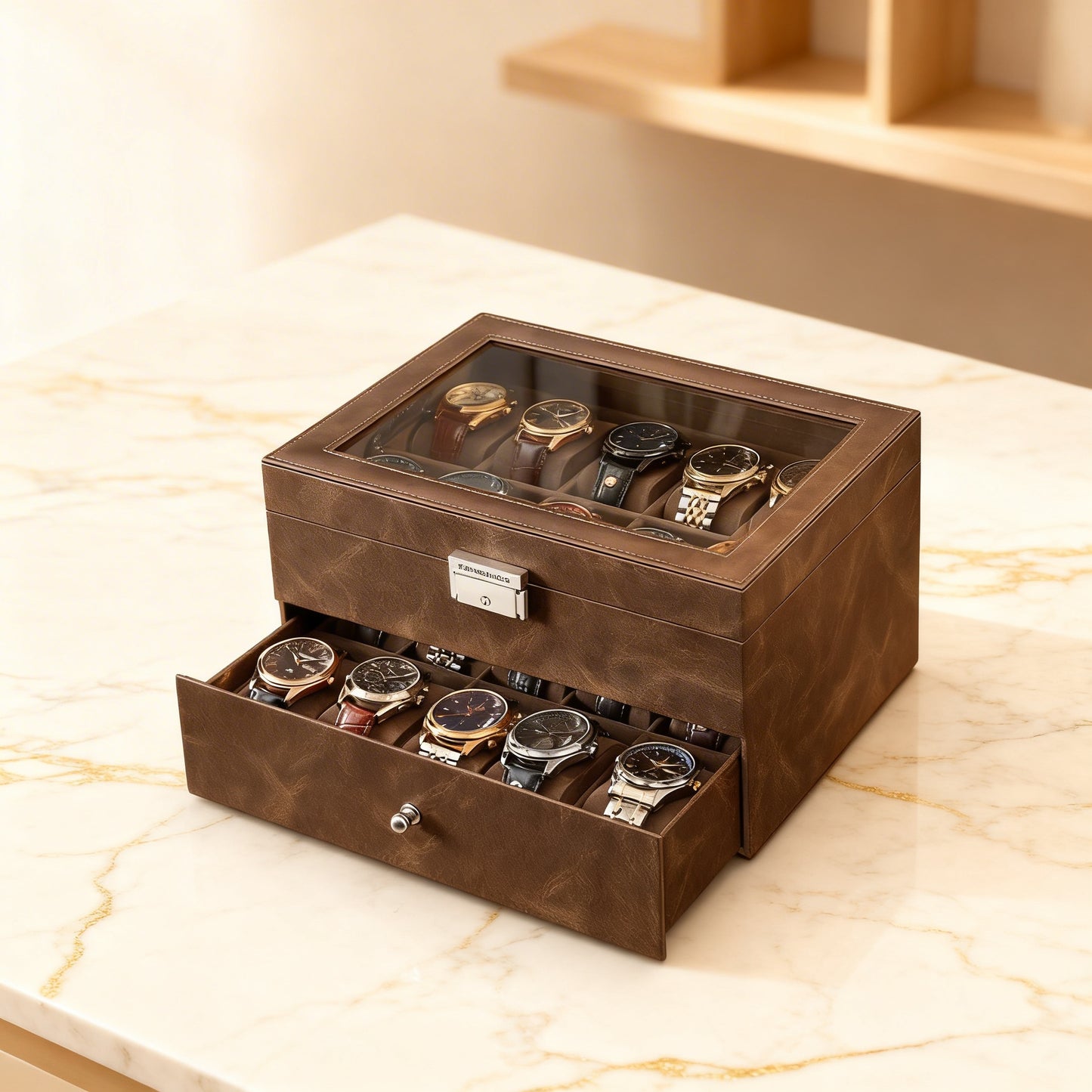 Watch Box, 20-Slot Watch Case Organizer with Large Glass Lid & Removable Pillows, Metal Lock for Security, Synthetic Leather, Coffee Brown