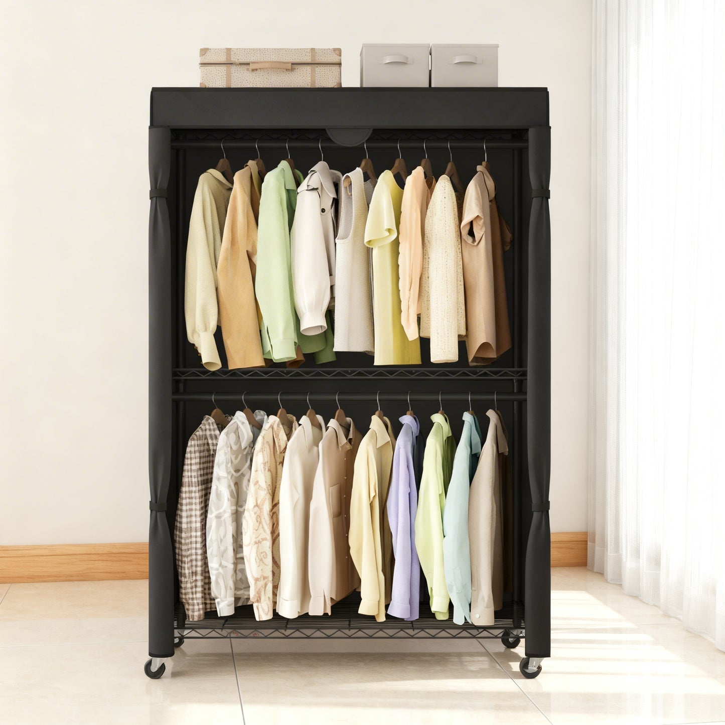 Heavy-Duty Rolling Clothes Rack, Portable Garment Rack on Wheels with Adjustable Mesh Shelves & Hanging Rails, Fabric Cover Included, Ink Black