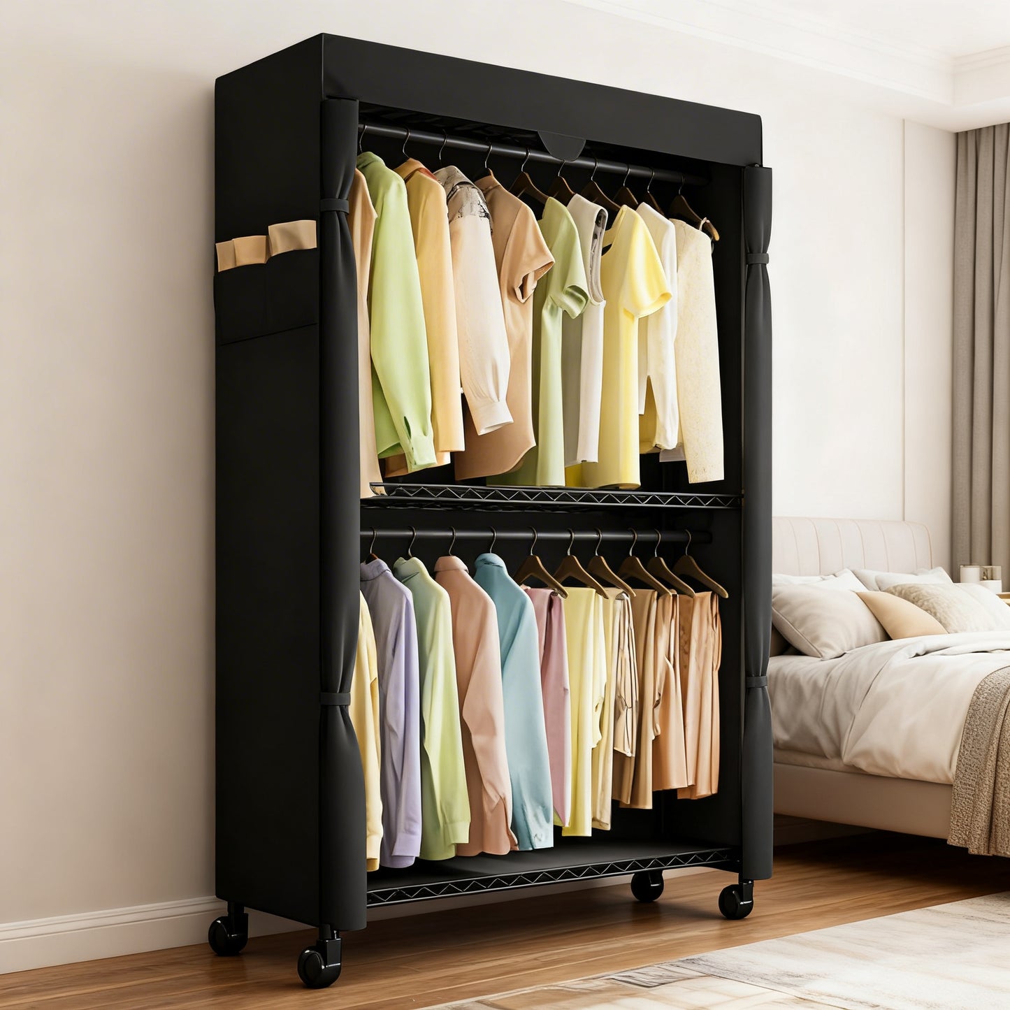 Heavy-Duty Rolling Clothes Rack, Portable Garment Rack on Wheels with Adjustable Mesh Shelves & Hanging Rails, Fabric Cover Included, Ink Black