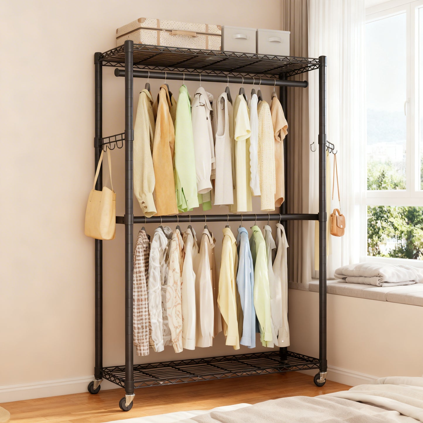 Heavy-Duty Rolling Clothes Rack, Wide Garment Rack on Wheels with Adjustable Mesh Shelves & Hanging Rails, Tool-Free Portable Closet, Ink Black