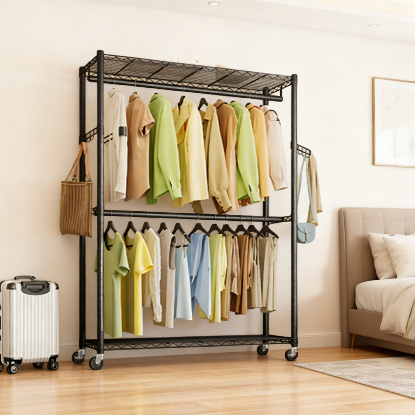 Heavy-Duty Rolling Clothes Rack, Wide Garment Rack on Wheels with Adjustable Mesh Shelves & Hanging Rails, Tool-Free Portable Closet, Ink Black