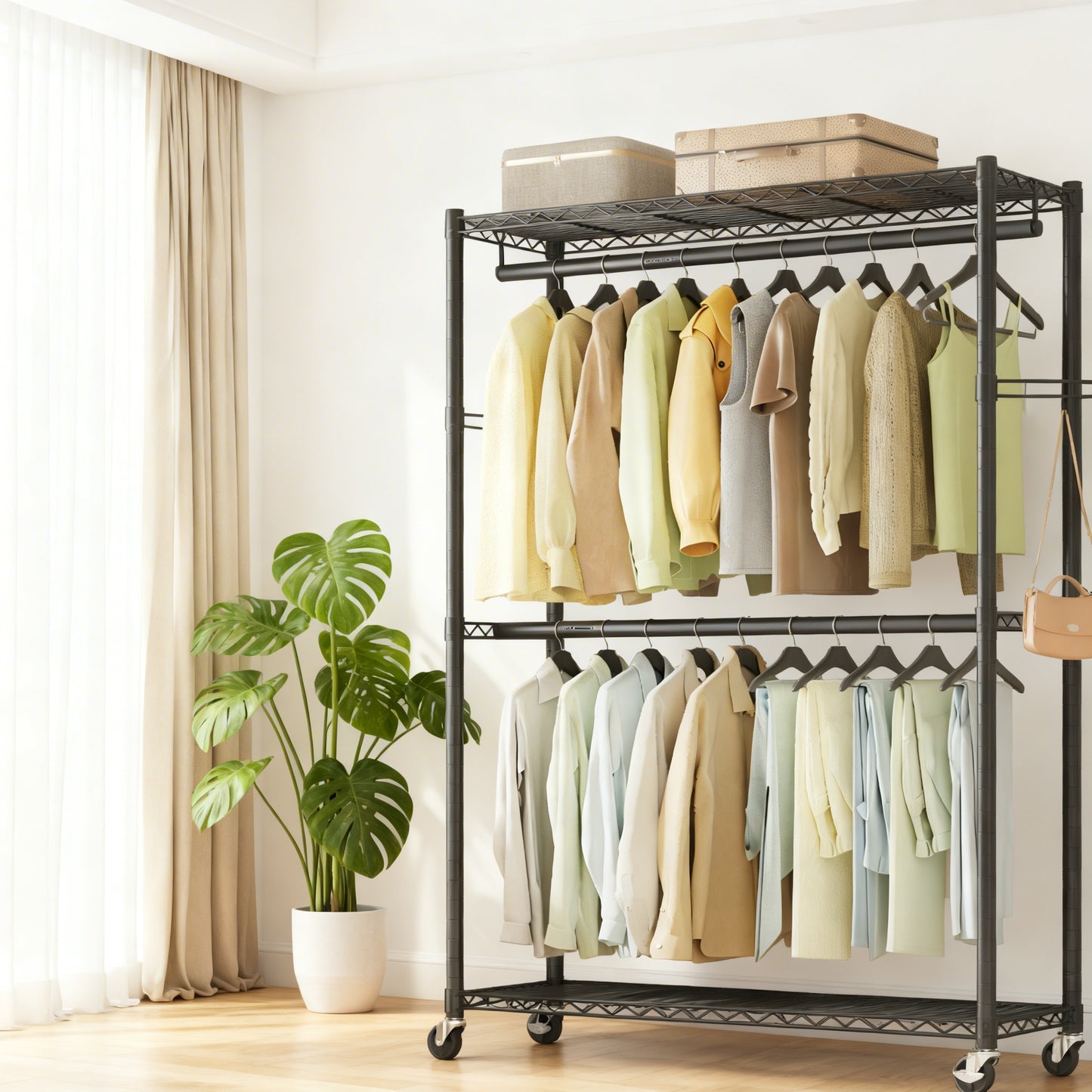 Heavy-Duty Rolling Clothes Rack, Wide Garment Rack on Wheels with Adjustable Mesh Shelves & Hanging Rails, Tool-Free Portable Closet, Ink Black