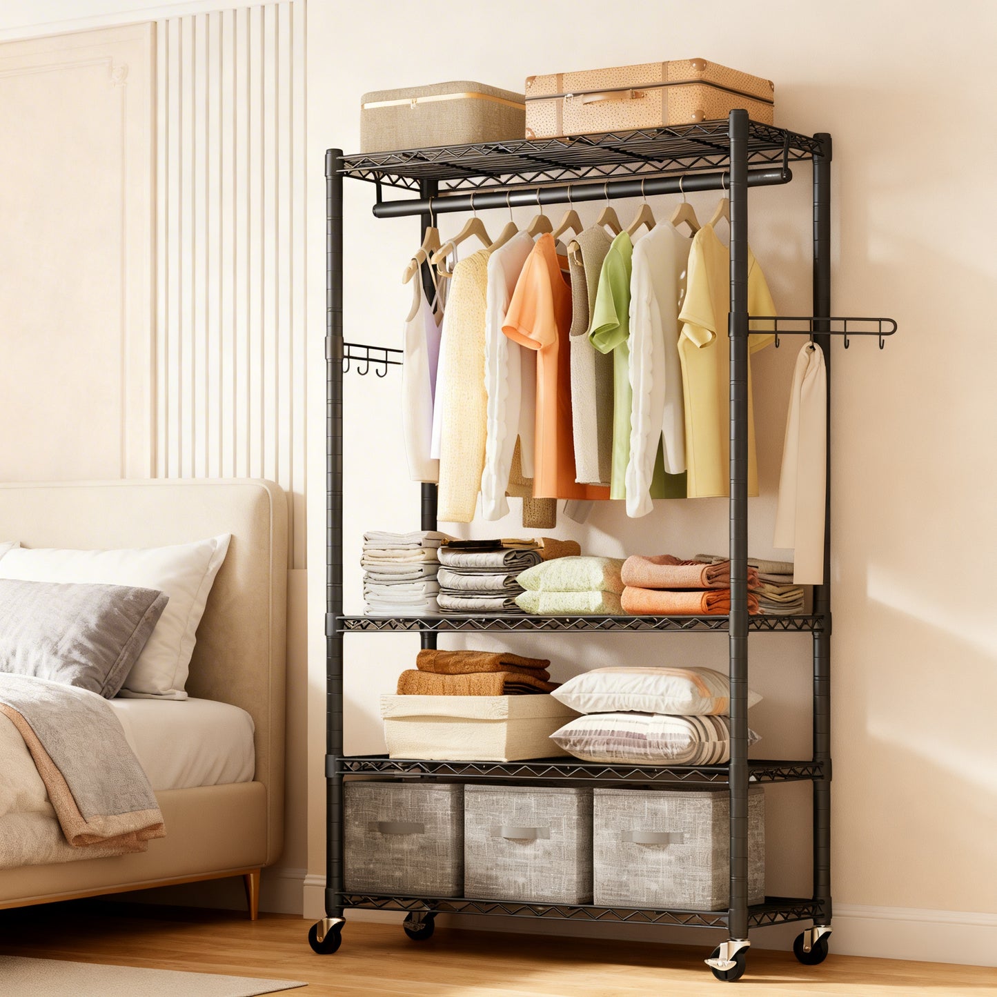 Heavy-Duty Rolling Clothes Rack, Portable Garment Rack on Wheels with 4 Adjustable Shelves & Hanging Rail, Tool-Free Assembly, Ink Black