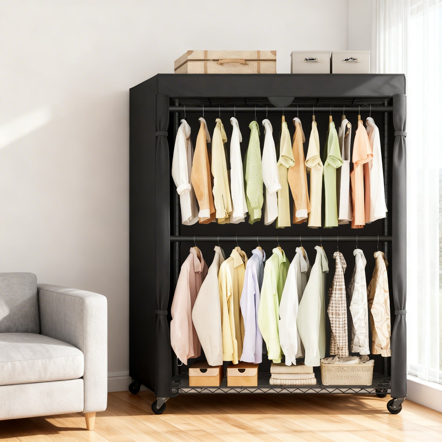 Heavy-Duty Rolling Clothes Rack, Portable Garment Rack on Wheels with Fabric Cover & Adjustable Shelves, Tool-Free Assembly, Ink Black