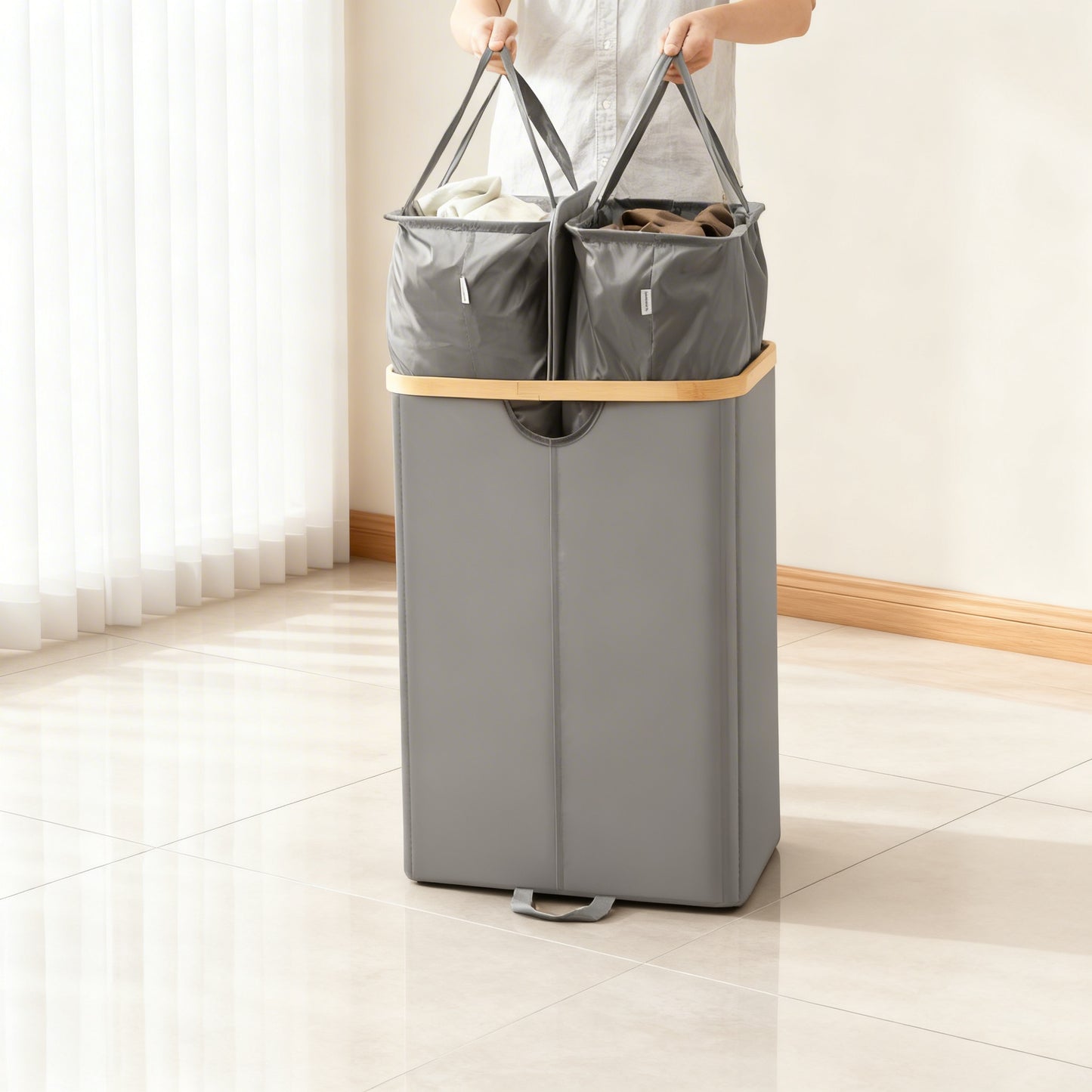 Laundry Hamper with Lids, 2-Compartment Laundry Basket with Removable Liners, 39 Gal Large Capacity for Sorting Clothes, Slate Gray and Light Bamboo
