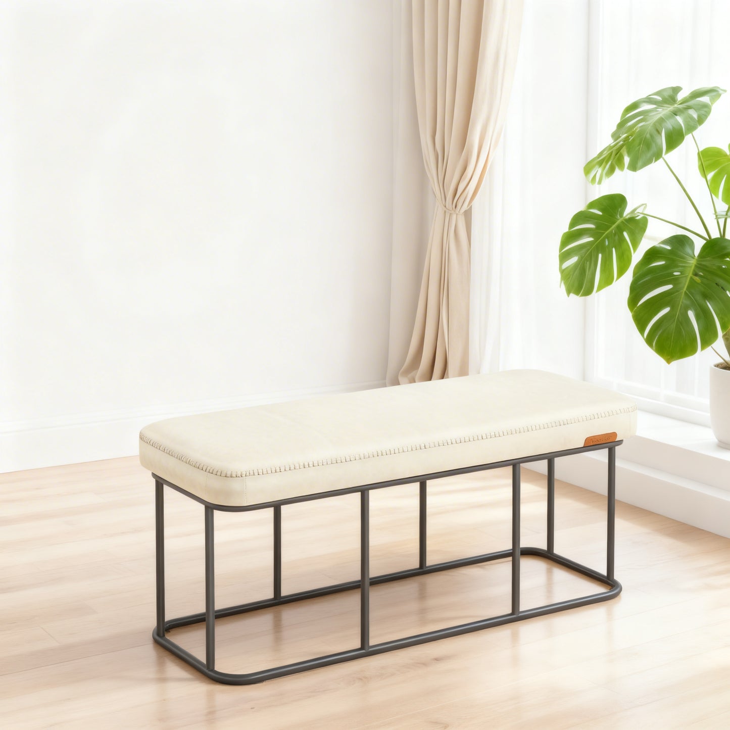 Storage Bench for Entryway, Ottoman Bench with Steel Frame & Synthetic Leather, Mid-Century Modern 43.3-Inch Wide Seat, Cream White