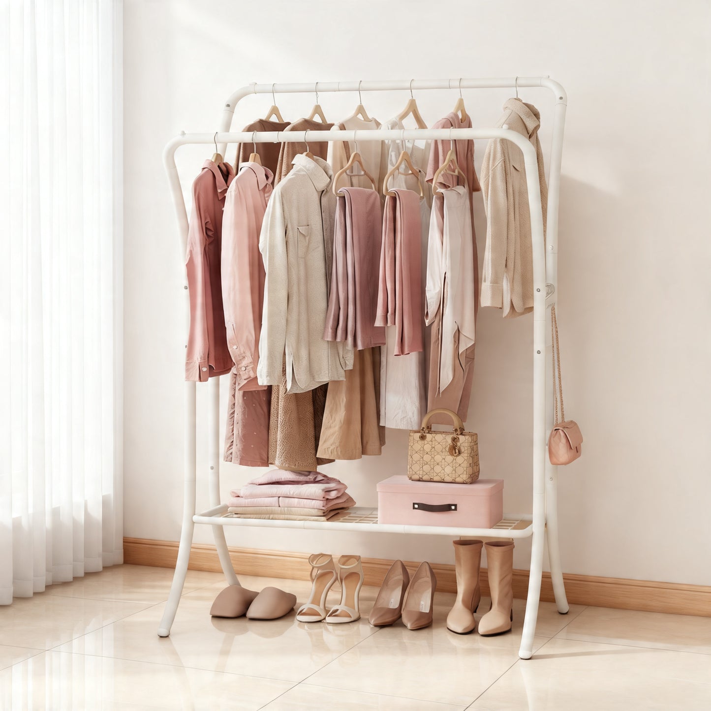 Clothes Rack, Heavy-Duty Garment Rack with Double Rods & Shelves, Clothing Storage with 6 Hooks for Bedroom Living Room, Cloud White