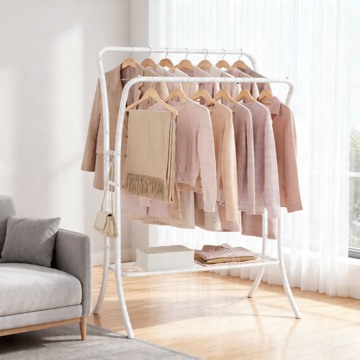 Clothes Rack, Heavy-Duty Garment Rack with Double Rods & Shelves, Clothing Storage with 6 Hooks for Bedroom Living Room, Cloud White