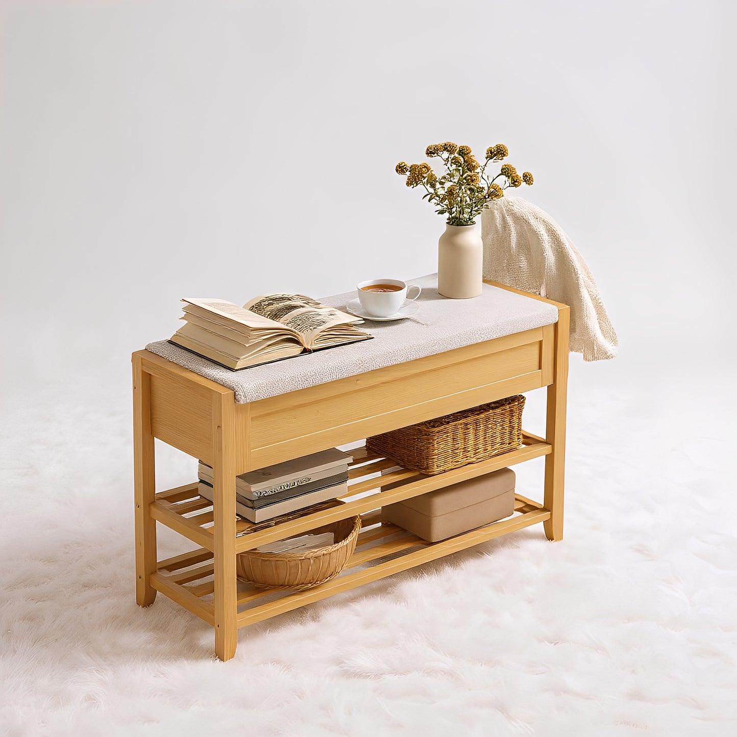 Storage Bench with 2-Tier Shoe Rack, 31.5" Wide Entryway Organizer with Hidden Compartments and Cushioned Seat，Beige