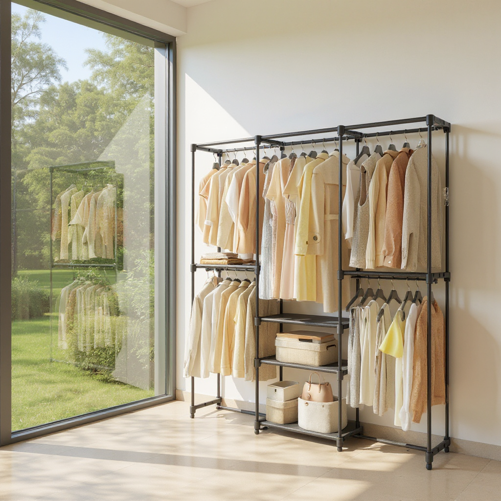 Freestanding Closet Organizer with 6 Hanging Rods & Shelves, Portable Wardrobe Rack for Bedroom Cloakroom, Tool-Free Assembly,Ink Black