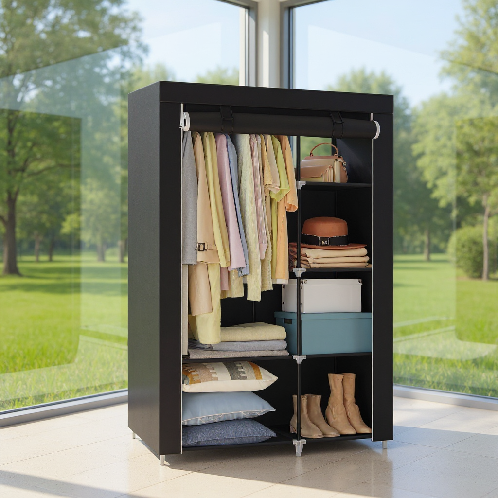 Large Fabric Wardrobe Closet with Hanging Rod & Shelves, Portable Storage Organizer for Bedroom/Living Room, Easy No-Tool Assembly, Black