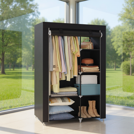 Large Fabric Wardrobe Closet with Hanging Rod & Shelves, Portable Storage Organizer for Bedroom/Living Room, Easy No-Tool Assembly, Black
