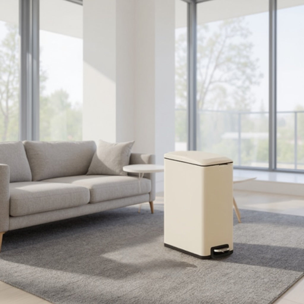 13 Gallon Slim Trash Can, Soft-Close Lid with Inner Bucket & Pedal, Narrow Space Kitchen Bin, Sand Beige