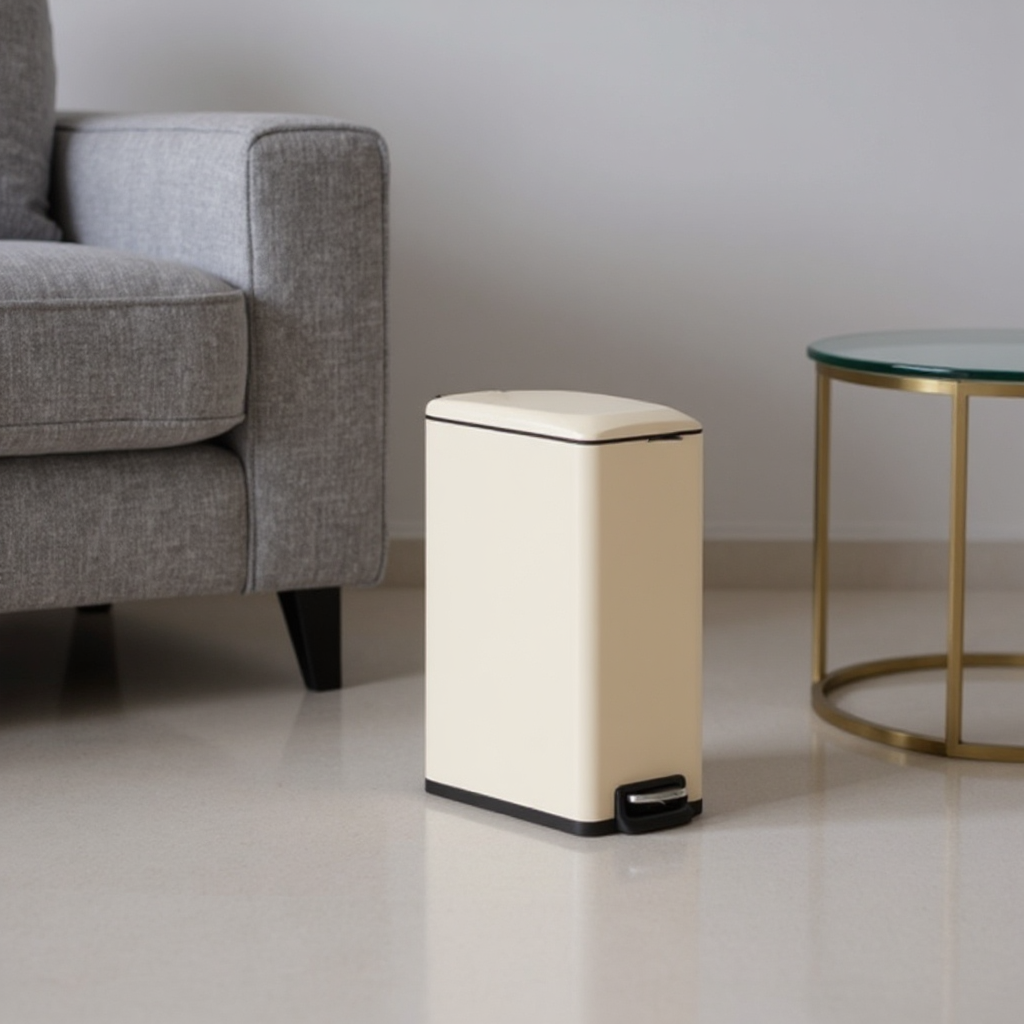 13 Gallon Slim Trash Can, Soft-Close Lid with Inner Bucket & Pedal, Narrow Space Kitchen Bin, Sand Beige